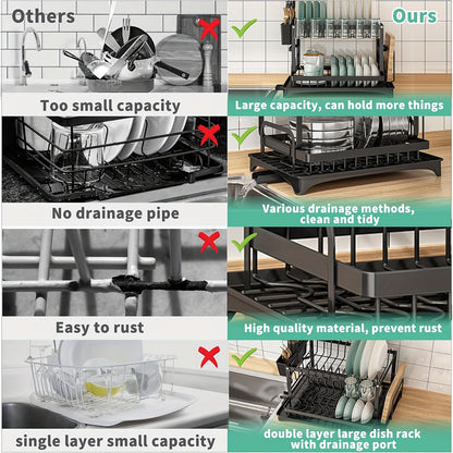 2-Tier Dish Drying Rack with Drainboard for Kitchen Counter – Large Capacity Metal Dish Drainer with Drain Tray, Organizer for Plates, Cups & Utensils, Available in Black, White & Gray