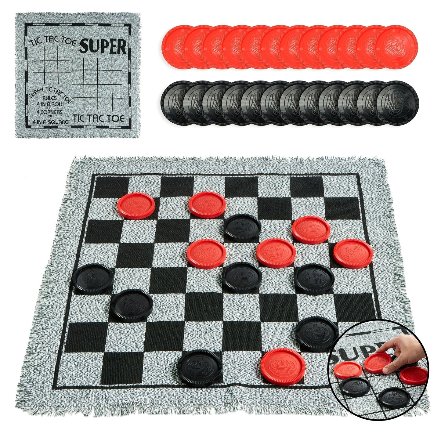 3-in-1 Giant Checkers and Tic Tac Toe Game Set with Reversible Mat 24 Oversized Pieces 2.8 Inch Chips Non-Toxic BPA-Free Indoor Outdoor Lawn Game Family Board Game Birthday Easter Gift Boys Girls Ages 3 and Up