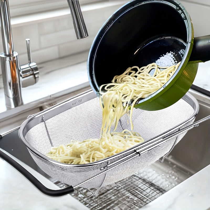Expandable Stainless Steel Colander Strainer – Fine Mesh Drain Basket for Vegetables Fruits Pasta, Food-Safe Kitchen Essentials, Adjustable Size, Easy Storage