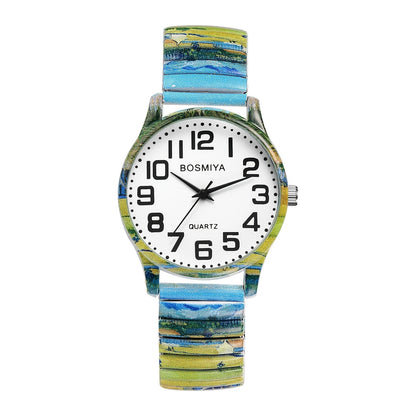 Bohemian Quartz Watch Unisex Printed Stretch Band Wristwatch – Starry Sky Sunflower Tree of Life Boho Designs, Large Arabic Numeral Dial, Nature-Inspired Gift for Women & Men Valentine Birthday