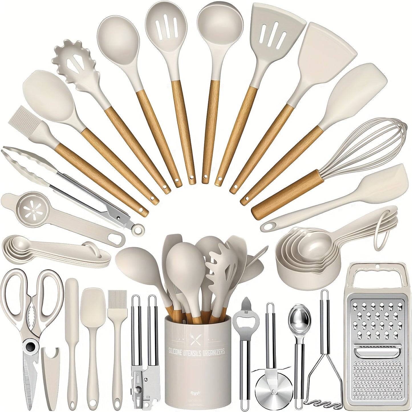 34-Piece Silicone Kitchen Utensils Set with Holder Wooden Handles | Heat Resistant Nonstick Safe Cooking Tools | Spatula Spoon Ladle Tongs Whisk | Khaki Black Gray | Father's Day Housewarming Gift