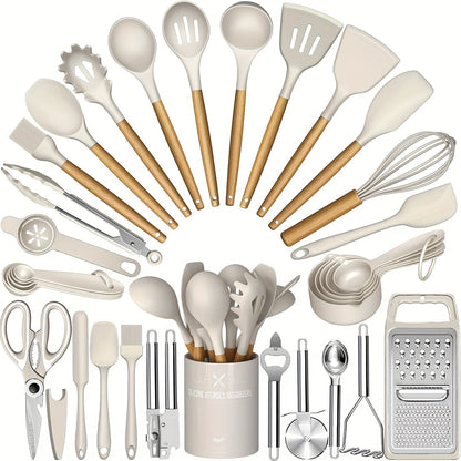 34-Piece Silicone Kitchen Utensils Set with Holder Wooden Handles | Heat Resistant Nonstick Safe Cooking Tools | Spatula Spoon Ladle Tongs Whisk | Khaki Black Gray | Father's Day Housewarming Gift