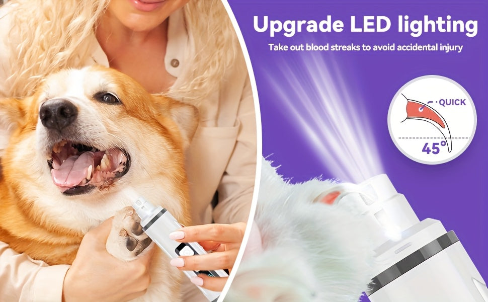 Quiet Dog Nail Grinder with LED Light – 3-Speed Rechargeable Electric Pet Nail Trimmer Kit, Painless Paw Grooming for Small Medium Large Dogs & Cats