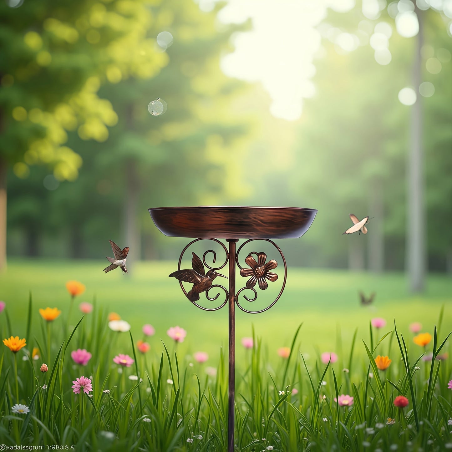 Metal Outdoor Bird Bath and Feeder Set Sunflower Design 5-Claw Stake Base Weather-Resistant Garden Decor for Backyard Courtyard Terrace Patio