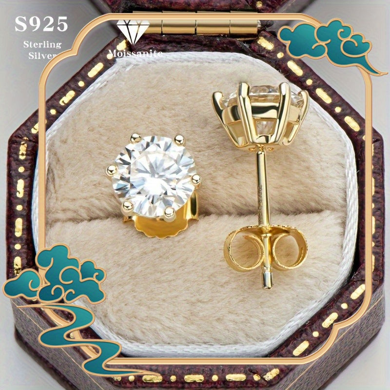 S925 Sterling Silver Moissanite Stud Earrings for Women – Vintage Elegant Style, 0.5CT 1CT 2CT 3CT, Gold & Silver, Daily Wear & Party Jewelry Gift