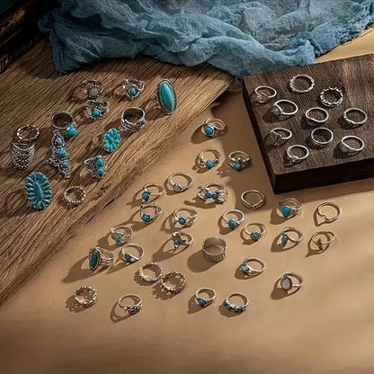 44pcs Vintage Turquoise Boho Stacking Rings Set for Women – Stackable Bohemian Style Rings Bulk Pack for Daily Wear, Vacation, Party & Holiday Gifts