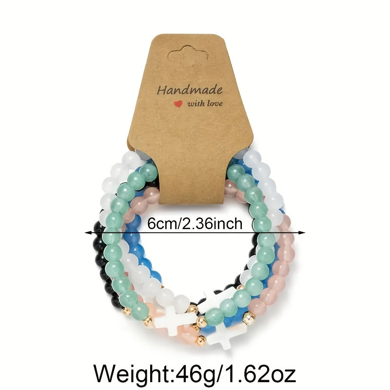 10pcs Boho Cross Glass Bead Bracelet Set – Stackable Multi-Layer Elastic Wristbands with Zircon & Zinc Alloy Accents, Elegant Jewelry for Daily Wear, Parties & Gifting