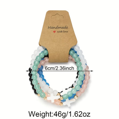 10pcs Boho Cross Glass Bead Bracelet Set – Stackable Multi-Layer Elastic Wristbands with Zircon & Zinc Alloy Accents, Elegant Jewelry for Daily Wear, Parties & Gifting