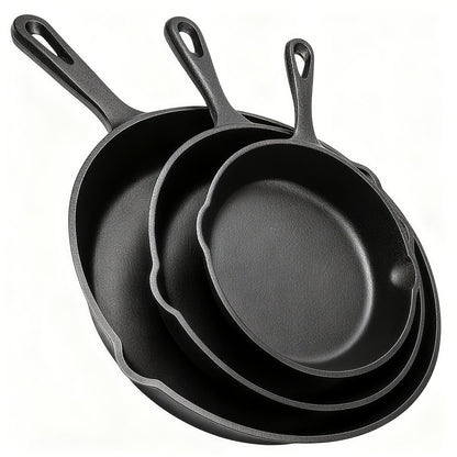 Cast Iron Skillet Set 3-Piece 6 8 10 Inch Pre-Seasoned Non-Stick Heavy Duty Oven Grill Campfire Safe Even Heat for Steak Cornbread Baking – Rustic Kitchen Cookware