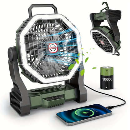 Rechargeable Portable Camping Fan with LED Light & Hanging Rope - 4-Speed USB Battery Powered Tent Fan for Outdoor Travel Indoor Home