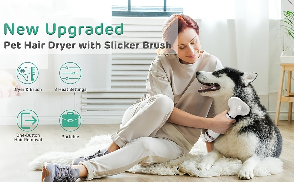 2-in-1 Pet Hair Dryer with Self-Cleaning Slicker Brush – Portable Dog & Cat Grooming Blow Dryer, 3 Temperature Settings, Low Noise, Stainless Steel Bristles, Home & Travel Grooming Tool