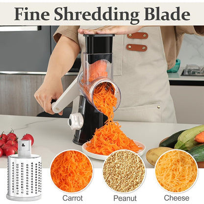 Rotary Cheese Grater Hand Crank Shredder with 3 Interchangeable Blades - Non-Slip Suction Base, Free Cleaning Brush, for Fresh Cheese, Vegetables & Nuts, Kitchen Tool Gift