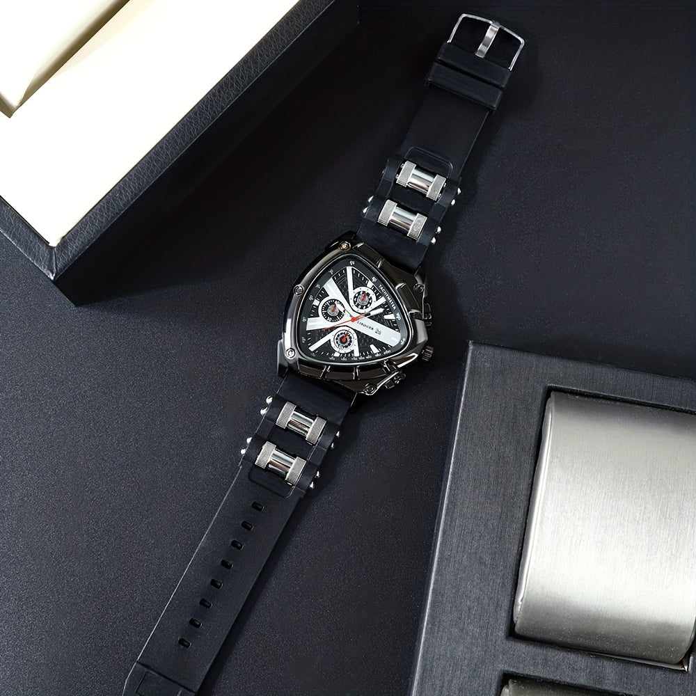 3pcs Men's Quartz Watch Set – Silicone Strap Date Display Triangular Dial, Fashion Sport Casual Wrist Watches for Men, Ideal Birthday Anniversary Gift Set