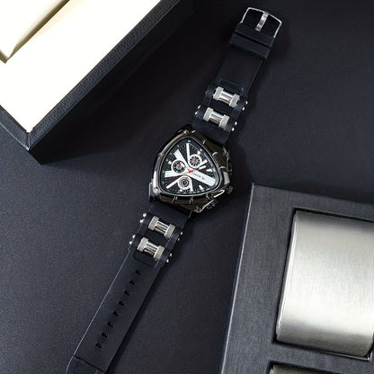 3pcs Men's Quartz Watch Set – Silicone Strap Date Display Triangular Dial, Fashion Sport Casual Wrist Watches for Men, Ideal Birthday Anniversary Gift Set