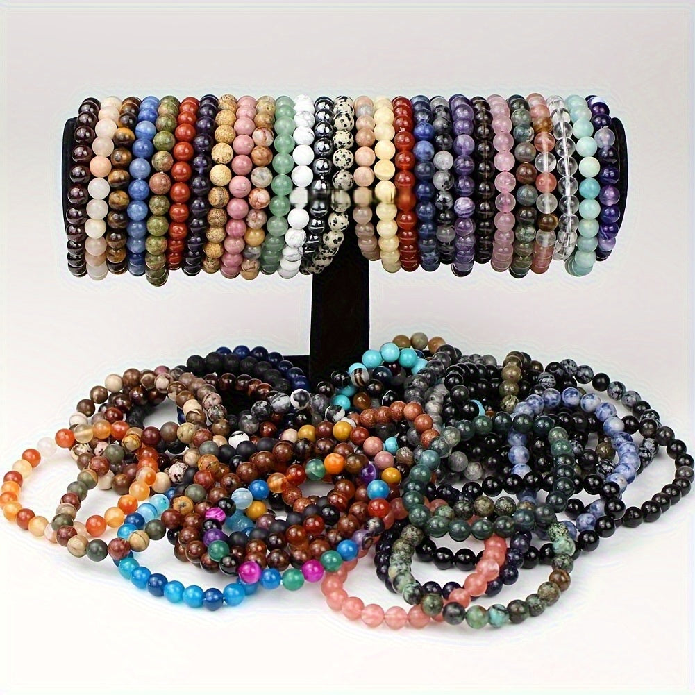 20-Pack Colorful Natural Stone Bead Bracelets – Handmade Elastic Wristband, Random Color Mix, Boho Vintage Style, Unisex Stackable Jewelry for Women & Men