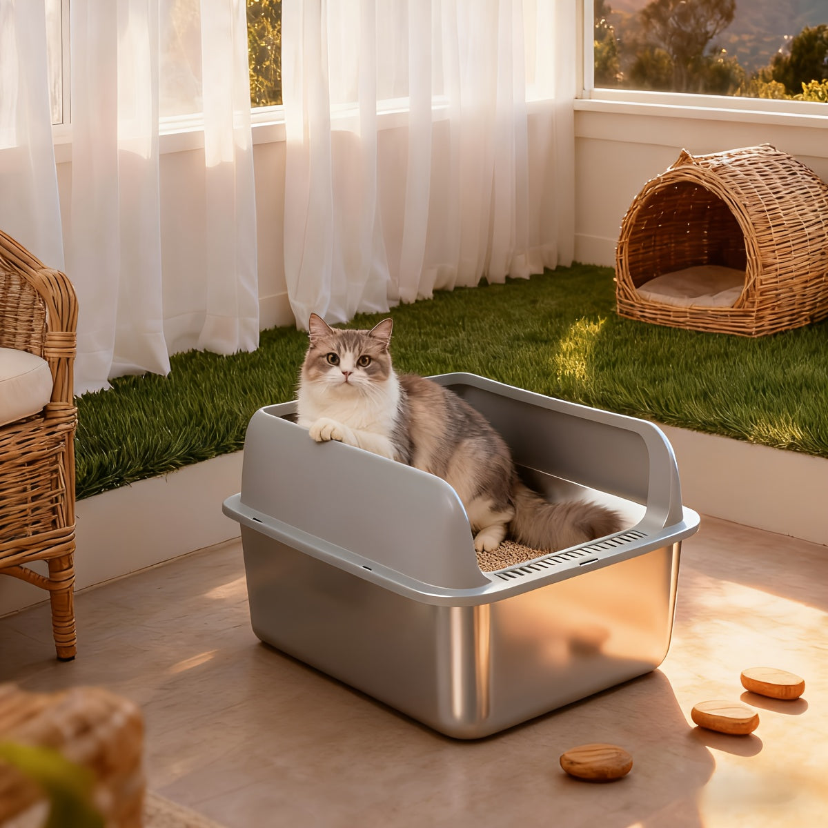 Stainless Steel Cat Litter Box Odor-Proof High-Sided Metal Litter Tray – Non-Stick Leak-Proof Easy Clean Indoor Cat Toilet for Large Medium Small Cats, Multiple Sizes & Colors