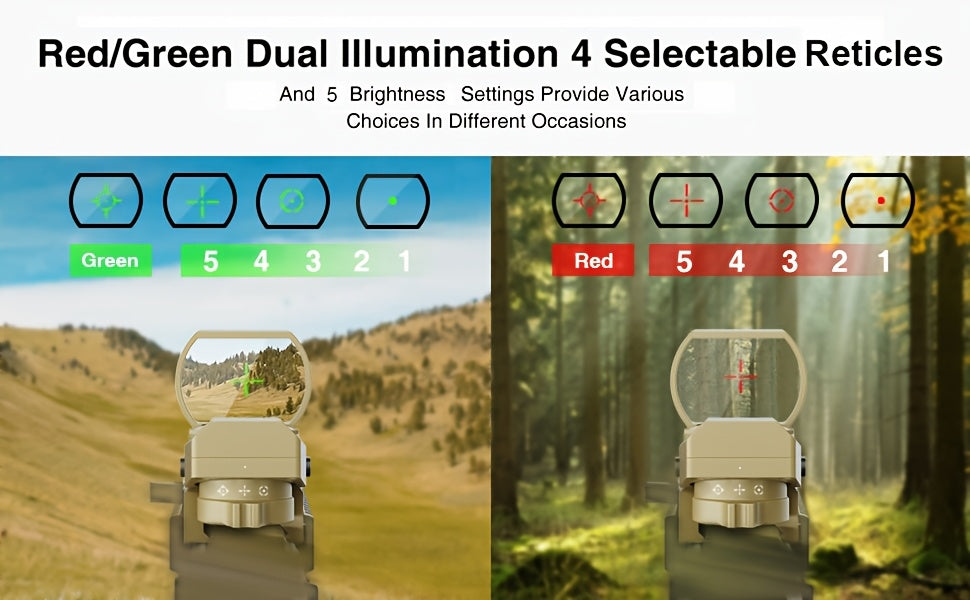 Red Green Dot Sight 1x22x33 with 20mm Picatinny Rail - 4 Reticles 5 Brightness Settings Wide Field of View Scope for Rifles Shotguns