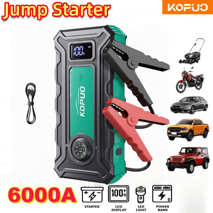 5000A/6000A Portable Car Jump Starter – 12V Battery Booster Pack for Gas & Diesel Vehicles, 65W Fast Charge Power Bank, LED Flashlight & LCD Display, Compact Emergency Jump Box