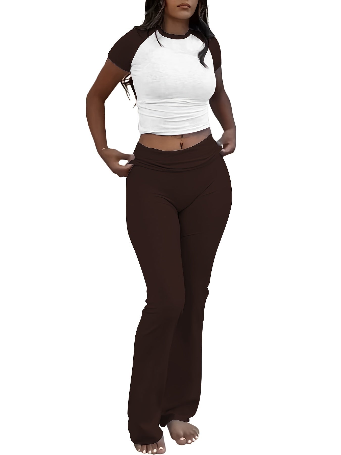 Women's Two-Piece Outfit Set - Slim Fit Short Sleeve Crew Neck T-Shirt & Skinny Flared Leg Pants, Casual Solid Color Matching Loungewear Tracksuit for Everyday Streetwear, Sizes XS-XL