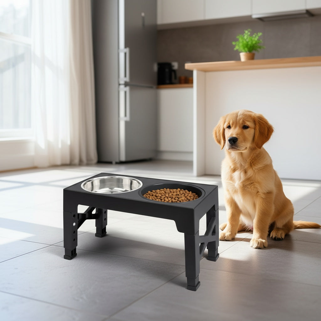 Adjustable Elevated Dog Bowl Stand with 3-Bowl Set – 5 Heights 3.2–12.2 Inch, 2 Stainless Steel Bowls + Slow Feeder Bowl for Small Medium Large Dogs, Raised Feeder in Black or Gray