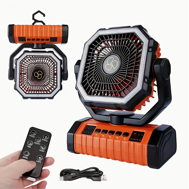 20000mAh Portable Camping Fan with LED Light – USB Rechargeable Outdoor Tent Fan for Hiking, Fishing & Camping – Durable Compact Design with Handle, Green & Orange