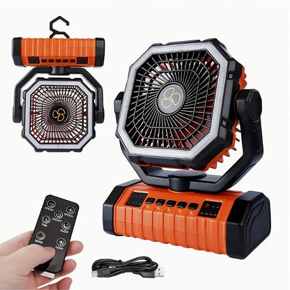 20000mAh Portable Camping Fan with LED Light – USB Rechargeable Outdoor Tent Fan for Hiking, Fishing & Camping – Durable Compact Design with Handle, Green & Orange