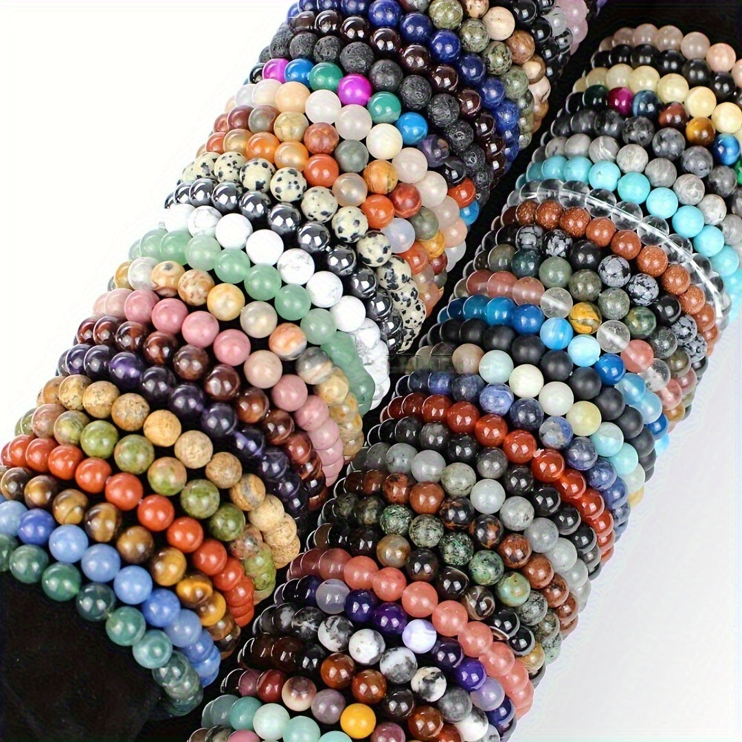 20-Pack Colorful Natural Stone Bead Bracelets – Handmade Elastic Wristband, Random Color Mix, Boho Vintage Style, Unisex Stackable Jewelry for Women & Men