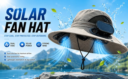 Solar Fan Hat for Men & Women – Wide Brim Sun Hat with Dual Cooling Fans Adjustable Airflow & UV Protection for Summer Travel Gardening Hiking Camping & Yard Work