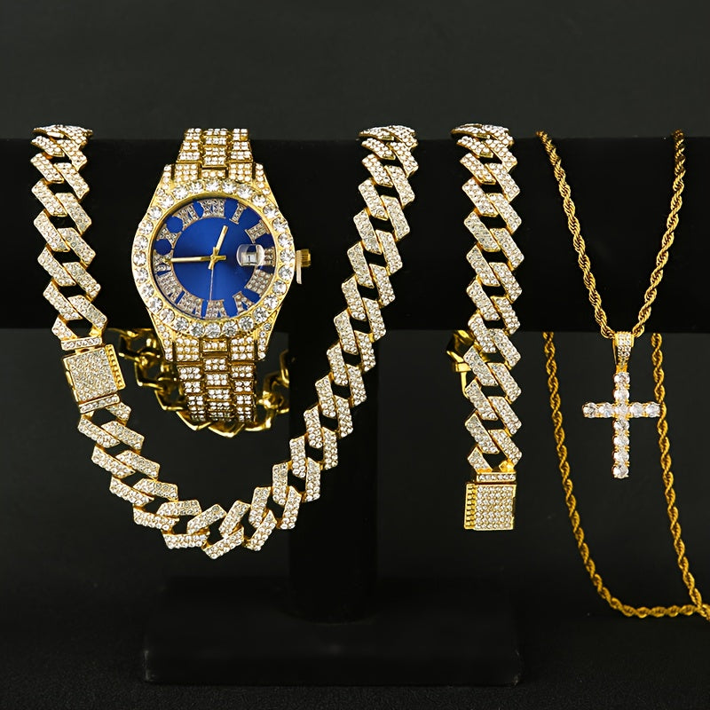 Men's Rhinestone Quartz Watch Necklace Bracelet Gift Set 3 or 4 Piece – Cross Necklace Jewelry Set for Men Football Fan Gear Birthday Holiday Gift Silver Gold