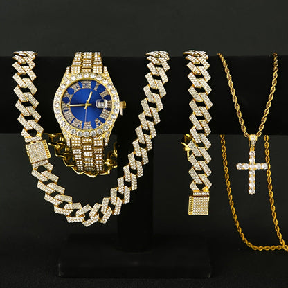 Men's Rhinestone Quartz Watch Necklace Bracelet Gift Set 3 or 4 Piece – Cross Necklace Jewelry Set for Men Football Fan Gear Birthday Holiday Gift Silver Gold