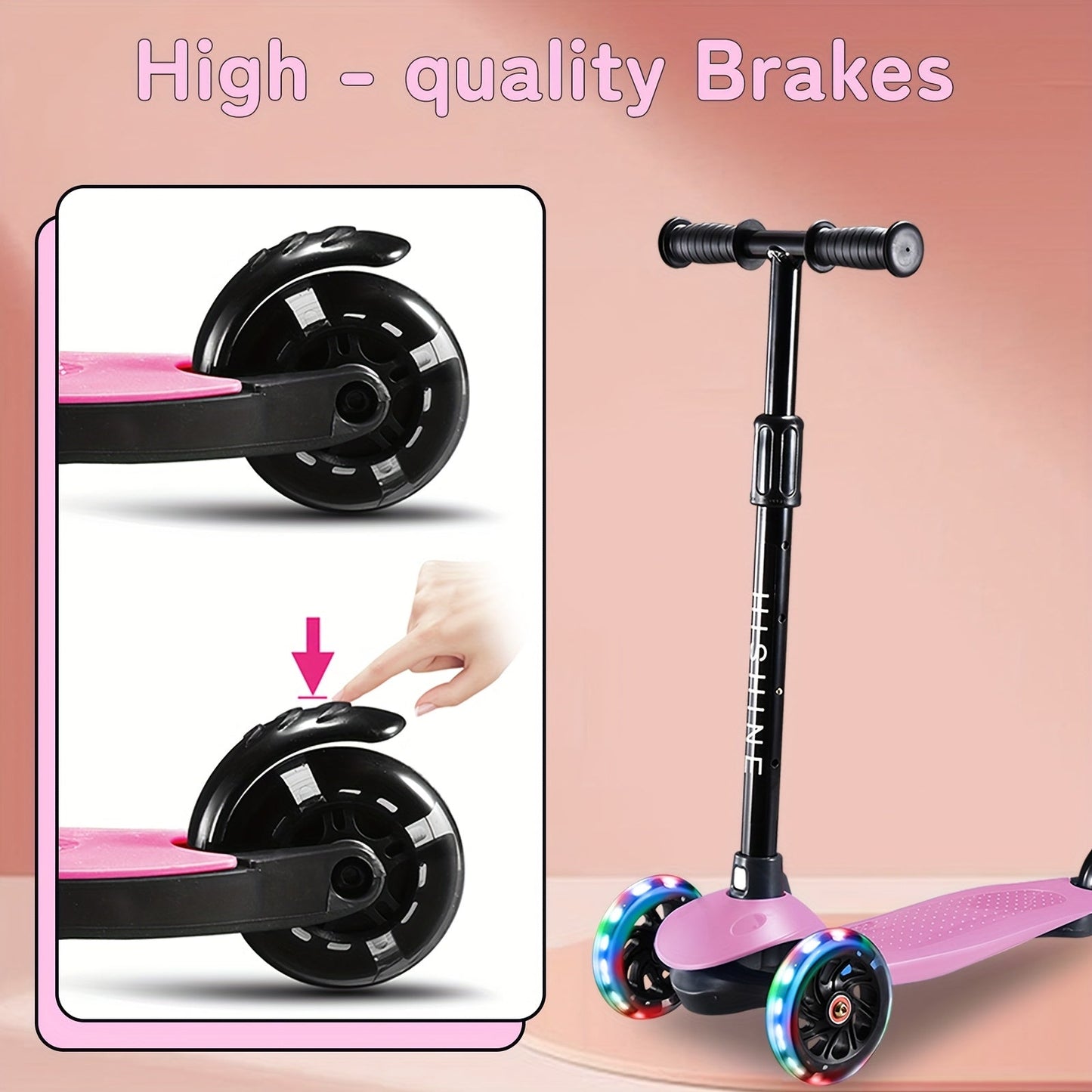Kids 3-Wheel Scooter with Light Up Wheels – Adjustable Height Lean-to-Steer Toddler Scooter for Ages 2-5, Front Brake & Double Suspension, Pink Blue Black Red