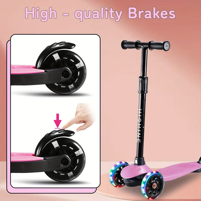 Kids 3-Wheel Scooter with Light Up Wheels – Adjustable Height Lean-to-Steer Toddler Scooter for Ages 2-5, Front Brake & Double Suspension, Pink Blue Black Red