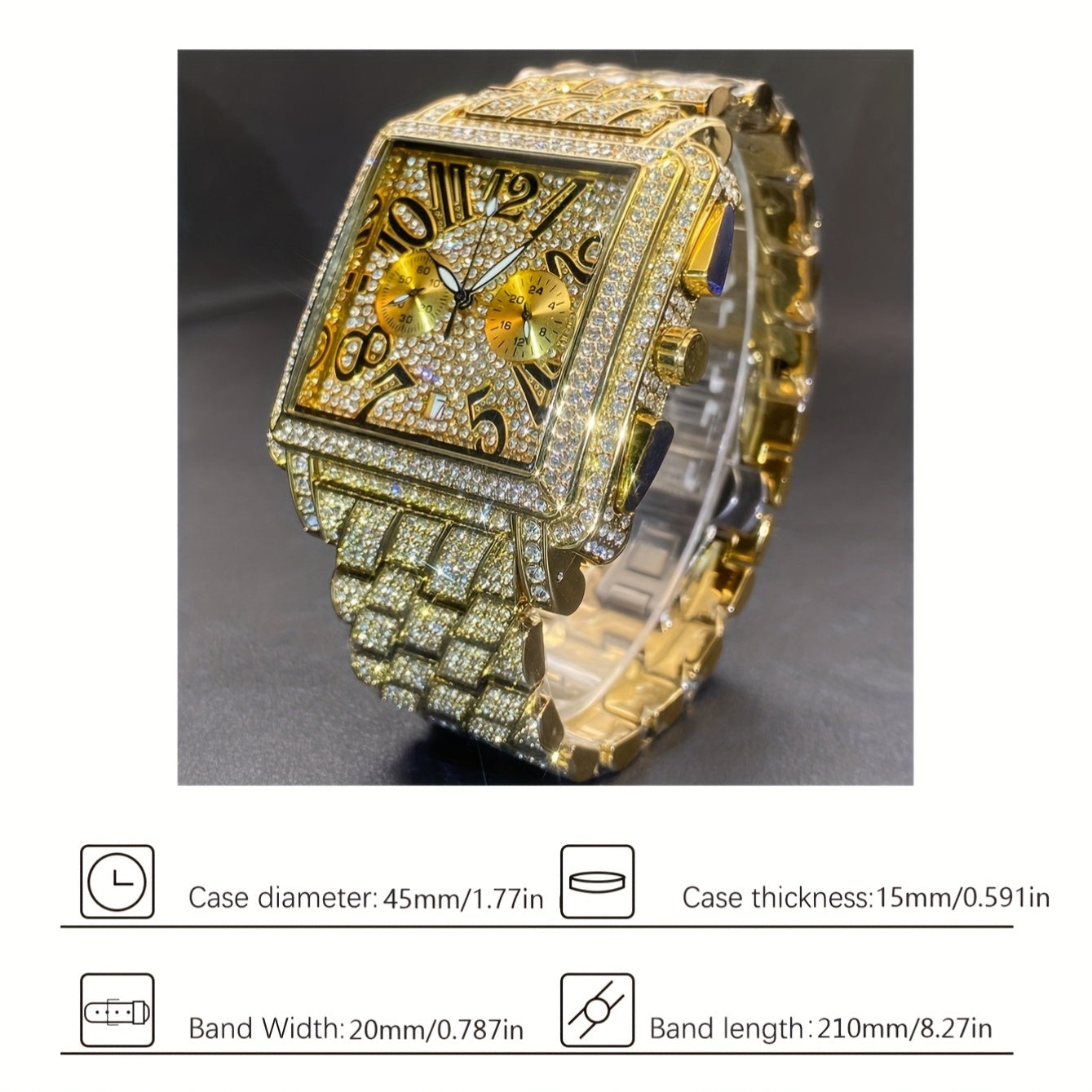 MISSFOX Men's Luxury Hip-Hop Quartz Watch – Square Dial Roman Numerals Rhinestone Bezel Date Calendar Wristwatch for Men, Formal & Casual, Gift for Dad, Silver Black Gold