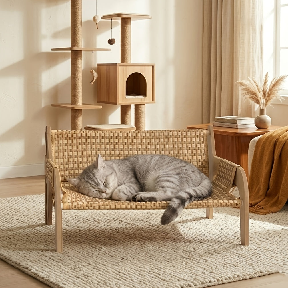 Elevated Pet Sofa Bed Solid Wood Dog Cat Lounge Chair with Bamboo Mat Modern Pet Furniture for Small Medium Dogs Cats Sturdy Stylish Gray White