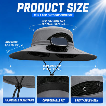 Solar Fan Hat for Men & Women – Wide Brim Sun Hat with Dual Cooling Fans Adjustable Airflow & UV Protection for Summer Travel Gardening Hiking Camping & Yard Work