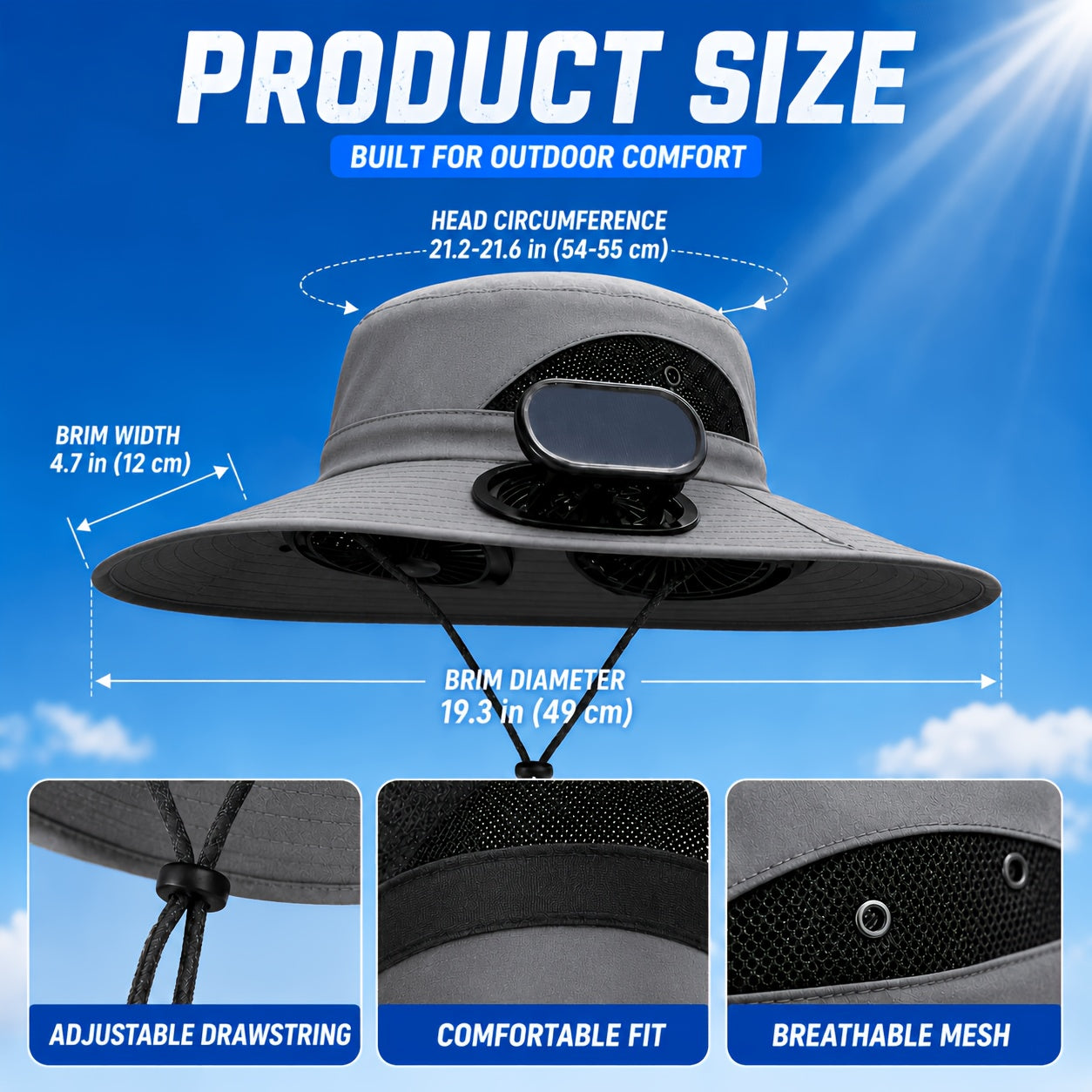 Solar Fan Hat for Men & Women – Wide Brim Sun Hat with Dual Cooling Fans Adjustable Airflow & UV Protection for Summer Travel Gardening Hiking Camping & Yard Work