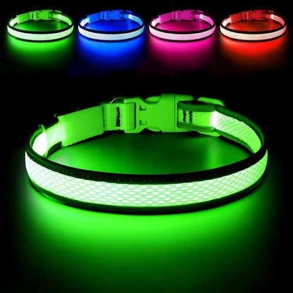 LED Dog Collar USB Rechargeable Soft Mesh – Adjustable Light Up Safety Collar for Small Medium Large Dogs, 5 Colors Blue Green Pink Red Yellow, Sizes XS to XL for Night Walking