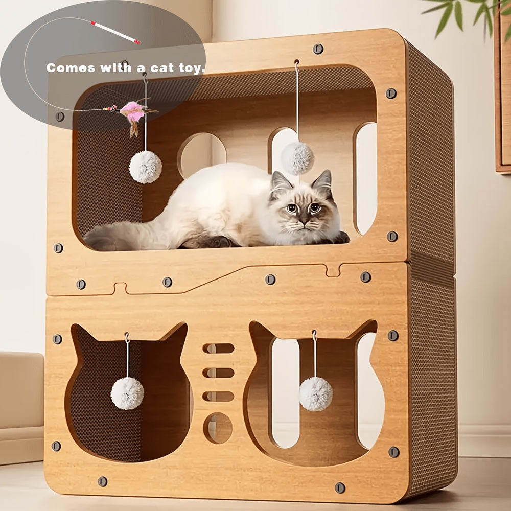 Cardboard Cat Scratching House – Durable Hideout & Bed with Feather Wand Toy, Ventilated Indoor Cat Scratcher, Available in 17.7" & 22" Sizes