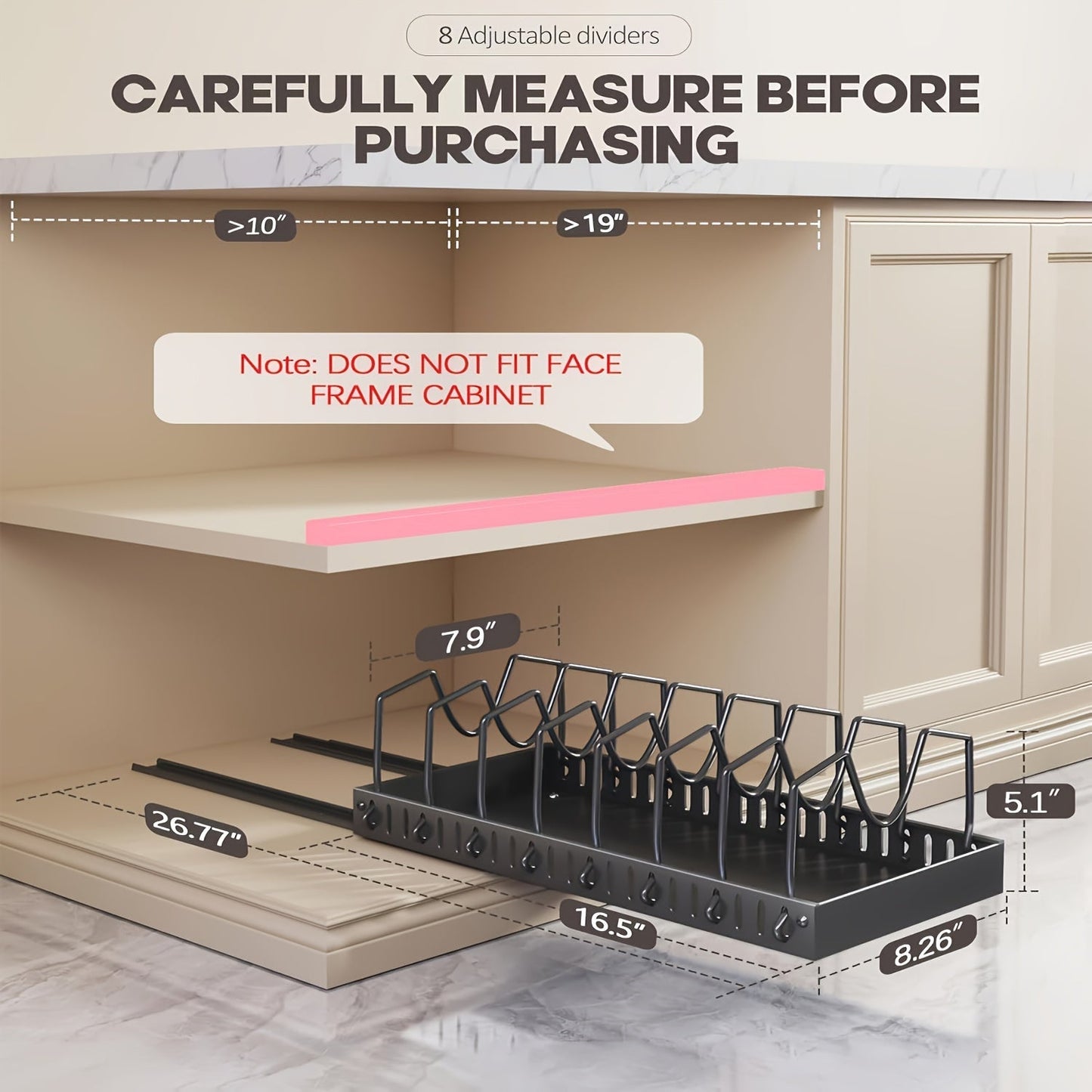 Pull Out Pot & Pan Organizer Rack for Under Cabinet – Slide Out Lid Holder with 8 Adjustable Compartments, Drill-Free Install, Kitchen Cabinet Cookware & Baking Sheet Organizer – 1pc or 2pcs