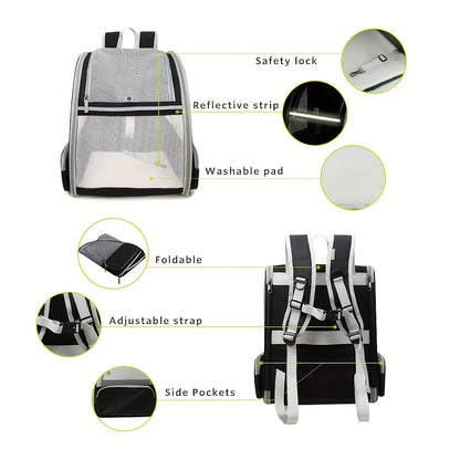 Foldable Ventilated Pet Carrier Backpack for Cats & Dogs – PVC Mesh Airflow, Chest Harness, Removable Mat, Fits Cats up to 18 lbs & Dogs up to 15 lbs, for Travel, Hiking, Flights & Car Rides