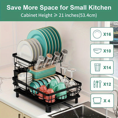 2-Tier Dish Drying Rack with Drainboard & Removable Utensil Holder – Large Capacity Dish Rack for Kitchen Counter, Sink-Side Drying Rack for Dishes, Cookware & Utensils – Space-Saving Design