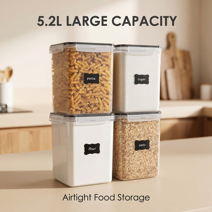 4-Pack Large Airtight Food Storage Containers with Lids – 176oz BPA-Free Plastic Canisters for Flour, Sugar, Rice & Baking Supplies – Includes Measuring Cups & 24 Labels, Black
