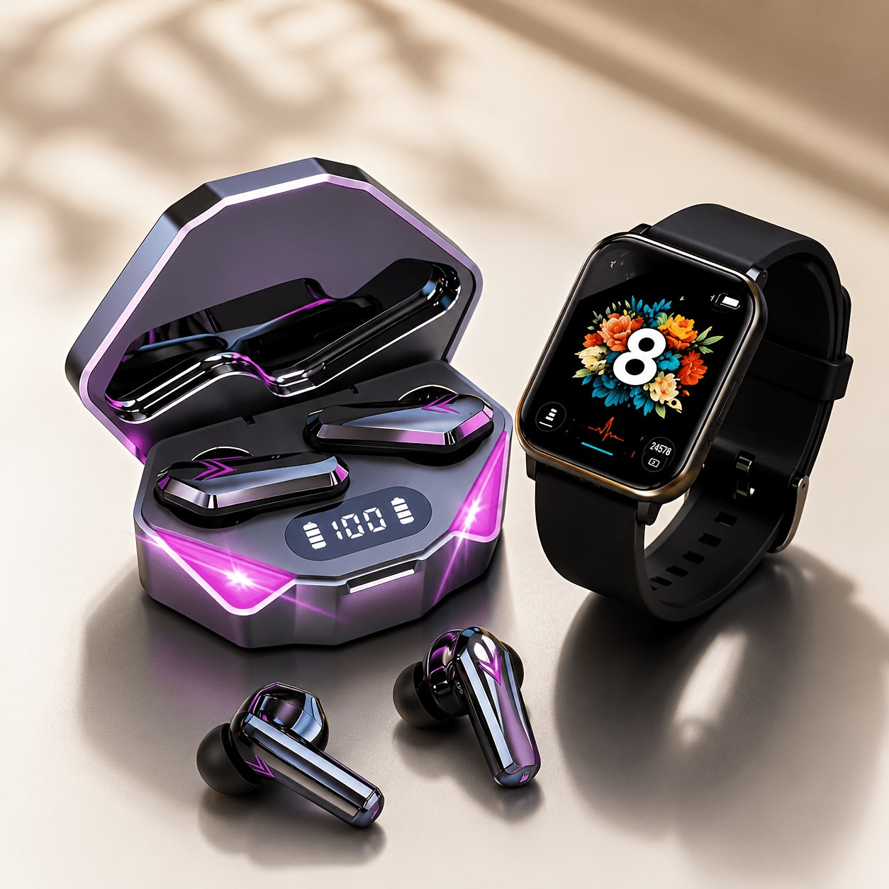 Smartwatch & Wireless Bluetooth Earphones Combo Set – Health Monitor, GPS Tracking, Wireless Calling, Sleep Tracker, Compatible with Android & iPhone for Men and Women