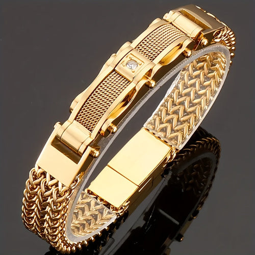 Men's Stainless Steel Hip Hop Motorcycle Chain Bracelet Punk Rock Magnetic Clasp Synthetic Gems Biker Jewelry for Nightclub Party Wedding