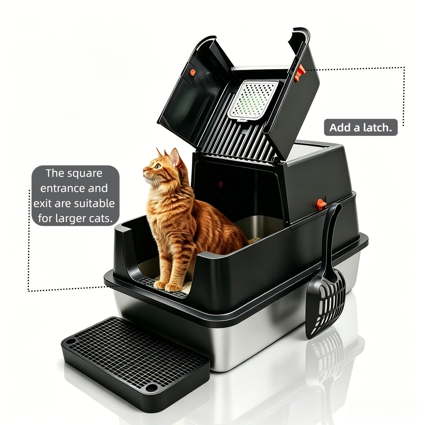 XL Stainless Steel Enclosed Cat Litter Box with Flip Top Lid & High Sidewalls – 3-in-1 Anti-Scatter Metal Litter Pan for Large Cats & Multi-Cat Households