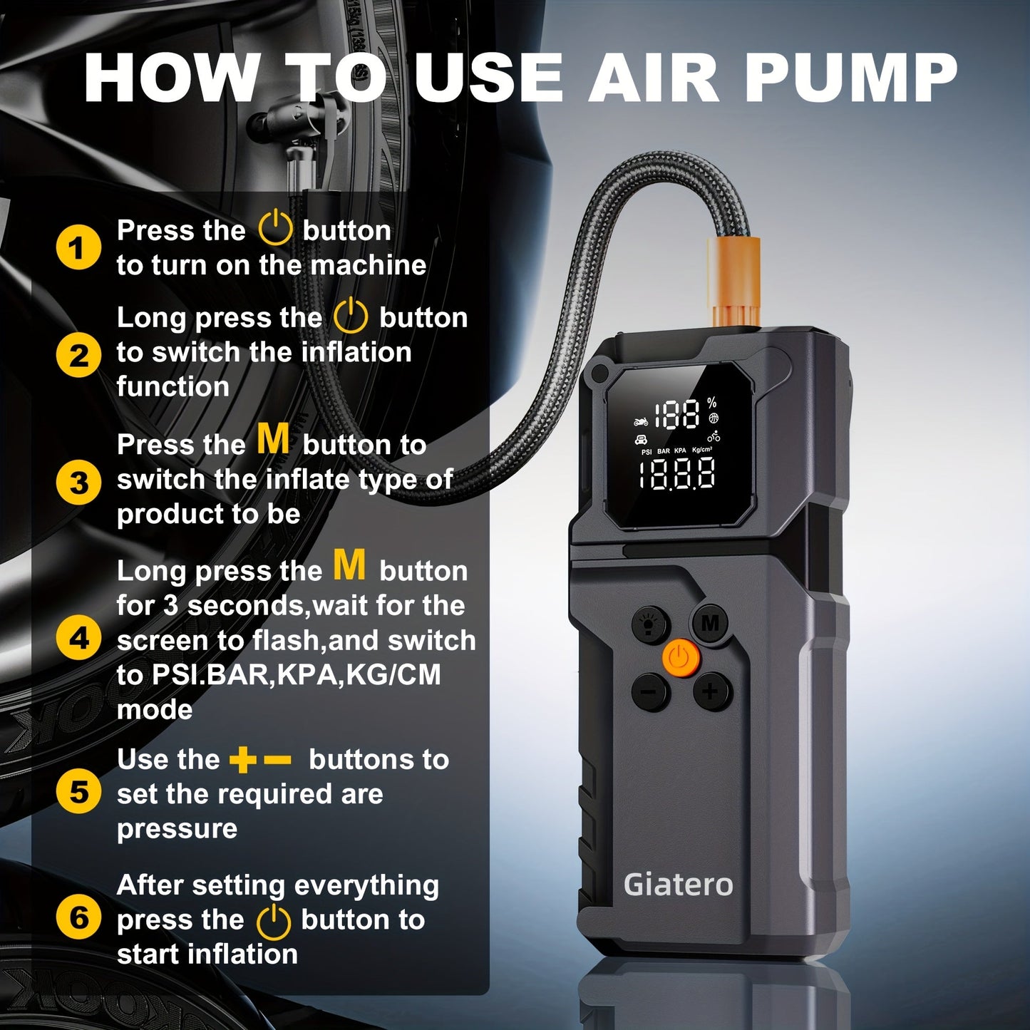 10000A Jump Starter with Air Compressor 160 PSI, Portable Car Battery Jump Starter Pack for Gas & Diesel Engines, USB-C QC 3.0 Fast Charge, Large Display, 3-Mode LED Flashlight, Jumper Cables Included – Giatero Q27