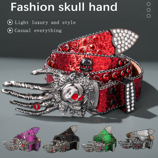 Unisex Punk Skull Belt – Rhinestone-Embellished Faux Leather with Zinc Alloy Skull Buckle, Bold Statement Fashion Accessory for Halloween, Parties & Daily Wear, 5 Colors Available