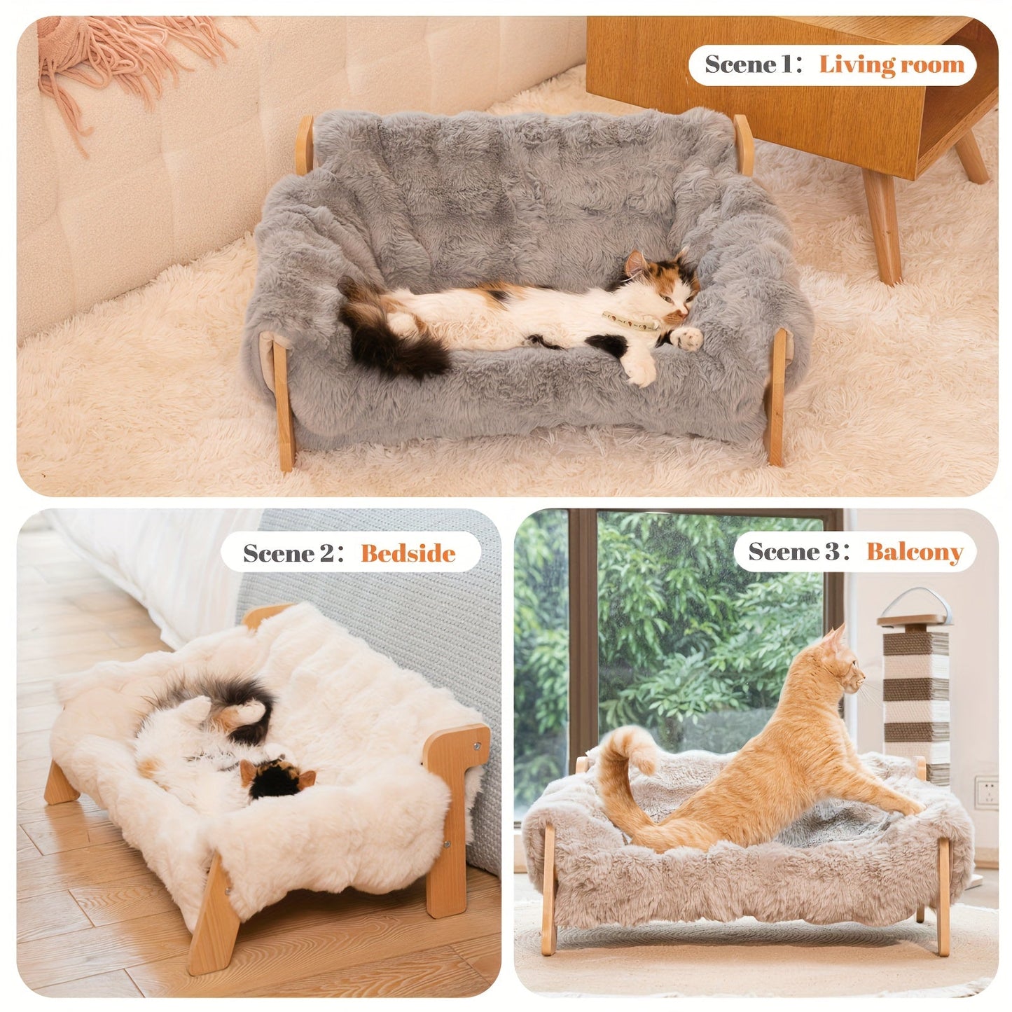 Elevated Pet Sofa Bed Solid Wood Dog Cat Lounge Chair with Bamboo Mat Modern Pet Furniture for Small Medium Dogs Cats Sturdy Stylish Gray White