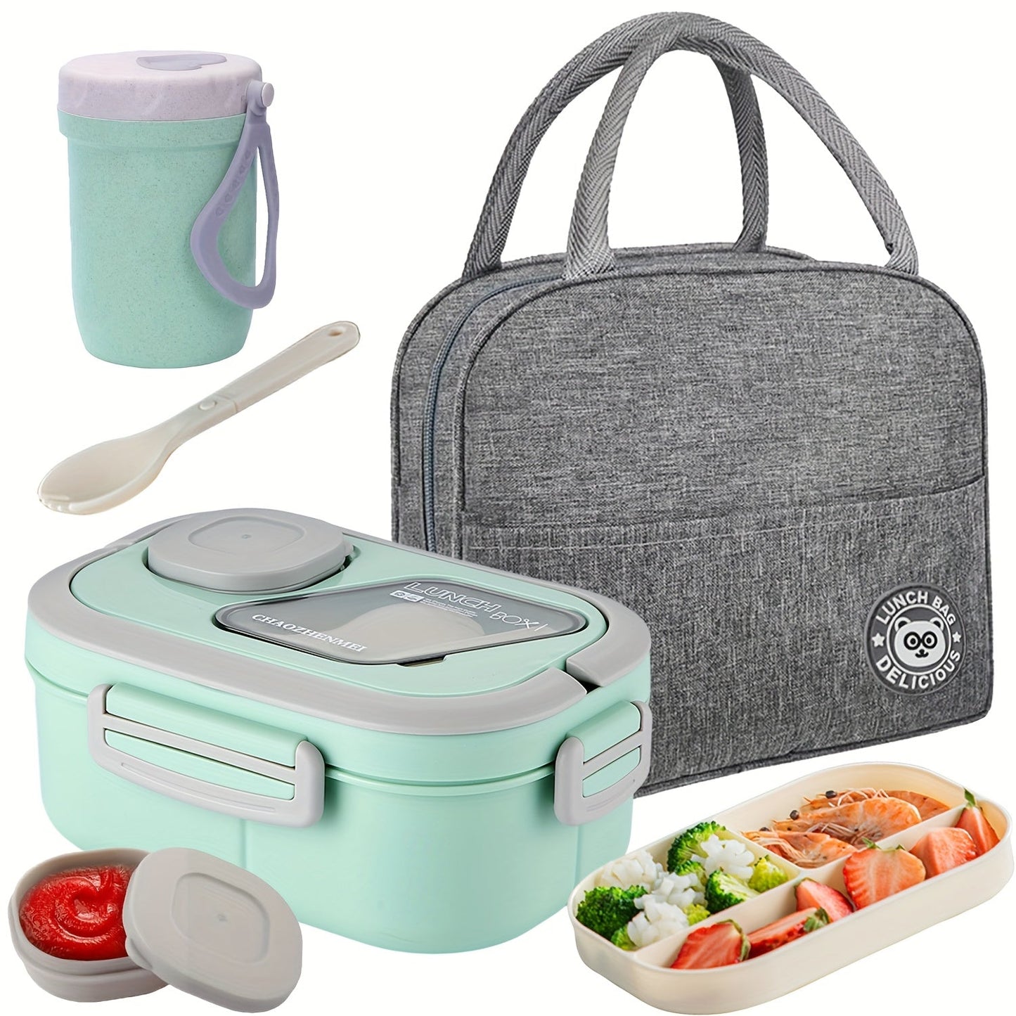 2-Layer Bento Lunch Box Set with Cup & Insulated Lunch Bag – Multi-Grid Leakproof Food Container for School, Office & Picnic, Choose Salad, Coffee, Milk or Soup Cup, Pink Green Blue White