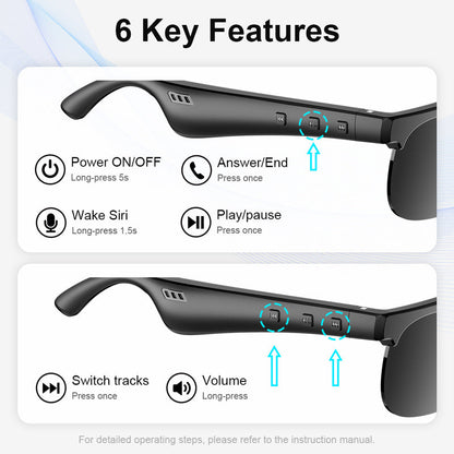 Bluetooth Audio Glasses 2-in-1 Wireless Smart Glasses with Built-in Stereo Speakers USB-C Charging Lightweight Open Ear Sunglasses for Music Gaming Video Calls Compatible with iPhone Android Black White